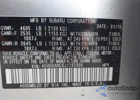 2018 Subaru Outback 2.5I Limited из США, поврежденный, VIN 4S4BSANC6J3292986